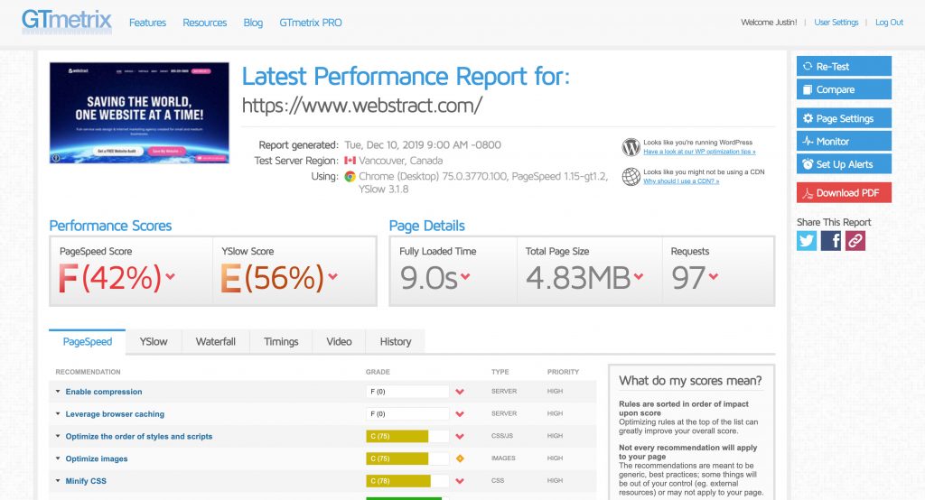 Justin Scarpetti - GTMetrix results before WP Rocket