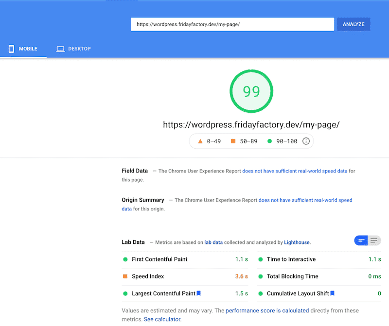 PageSpeed Insights score from mobile: 99/100
