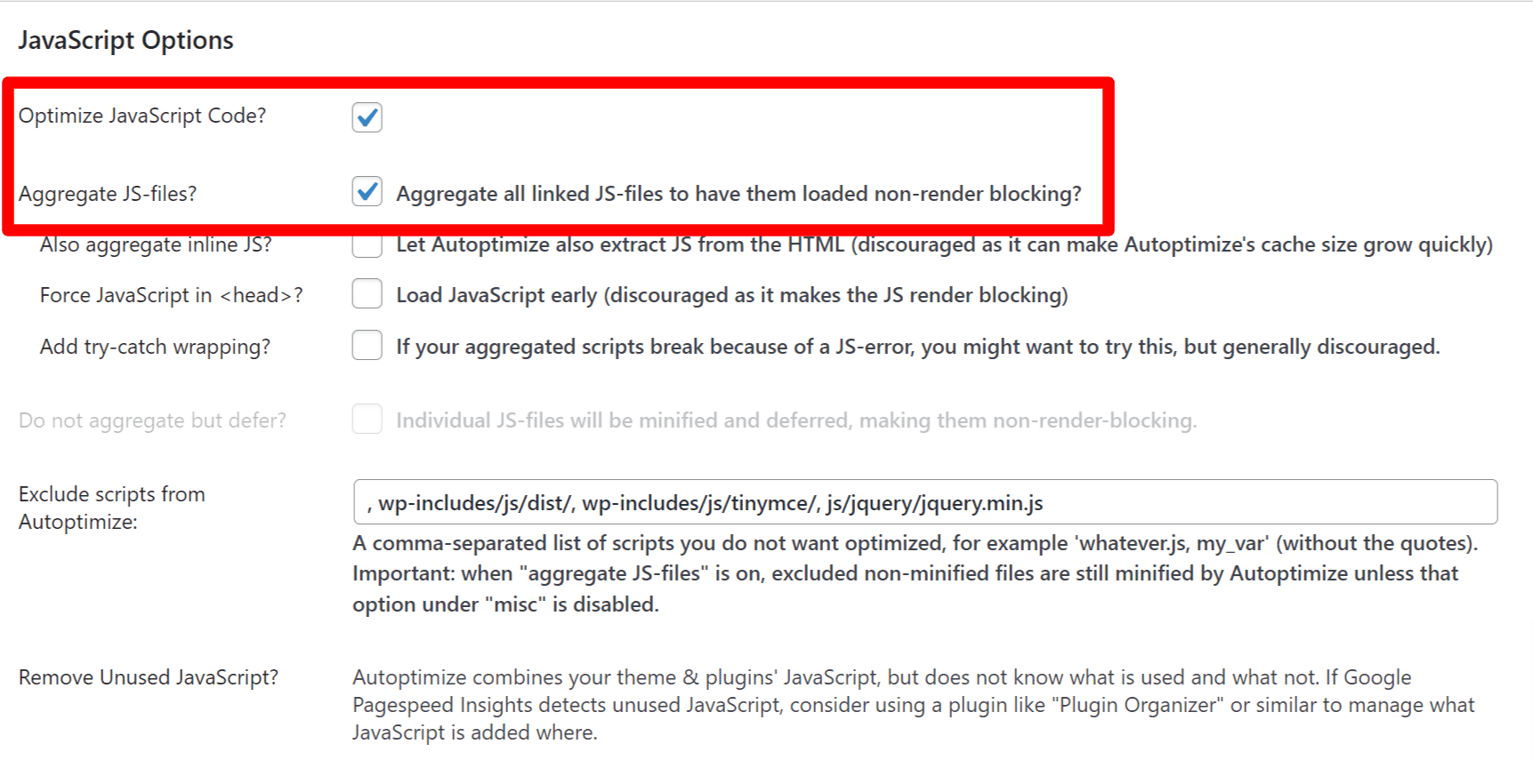 JavaScript Options Autoptimize