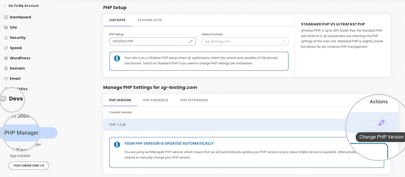 Changing PHP version manually - Source: SiteGround
