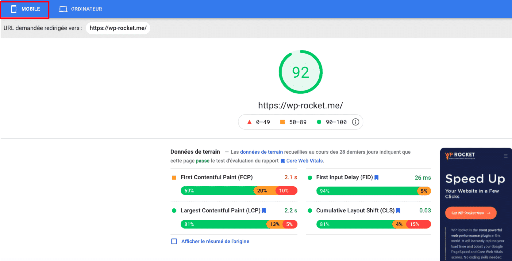 Checking the mobile performance - Source: Google PSI