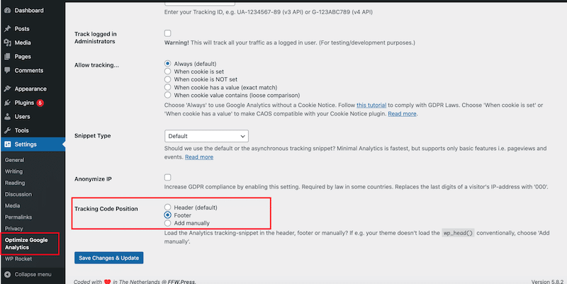 Choosing where to display the tracking code - Source: CAOS dashboard