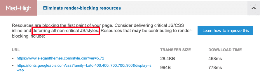 Eliminate render-blocking resources by deferring non-critical JS - Source: GTmetrix
