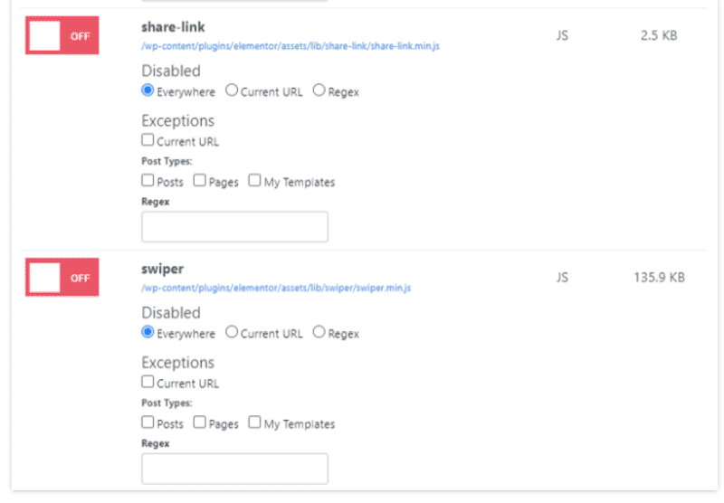 Example – Removing unused Elementor JS with Perfmatters
