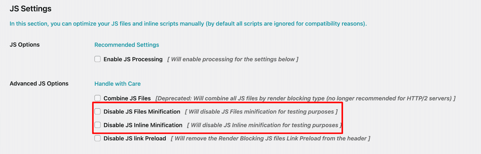 Fast Velocity Minify JavaScript minification settings