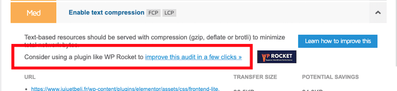 GTmetrix recommending WP Rocket to enable text compression - Source: GTmetrix
