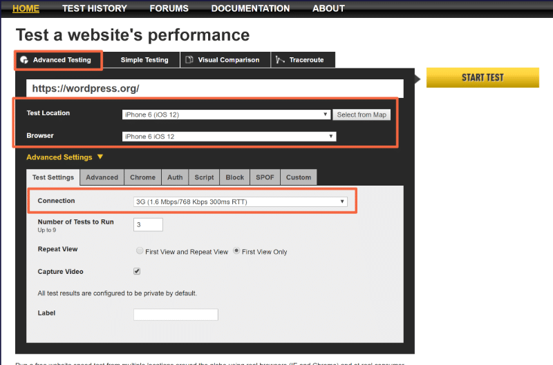 measuring mobile speed with WebPageTest