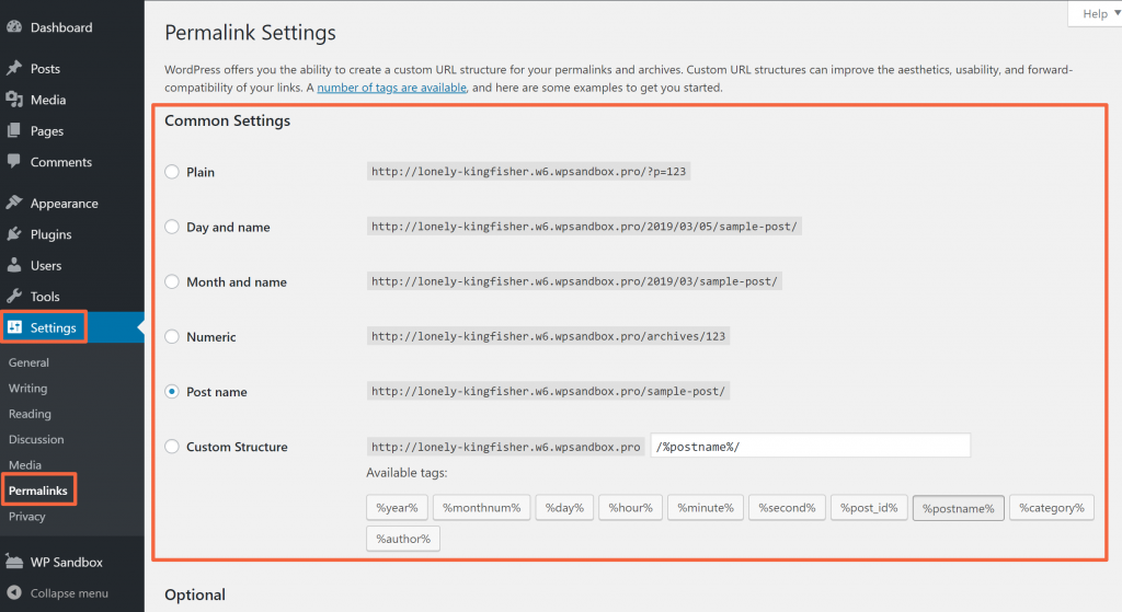 Permalink settings in WordPress