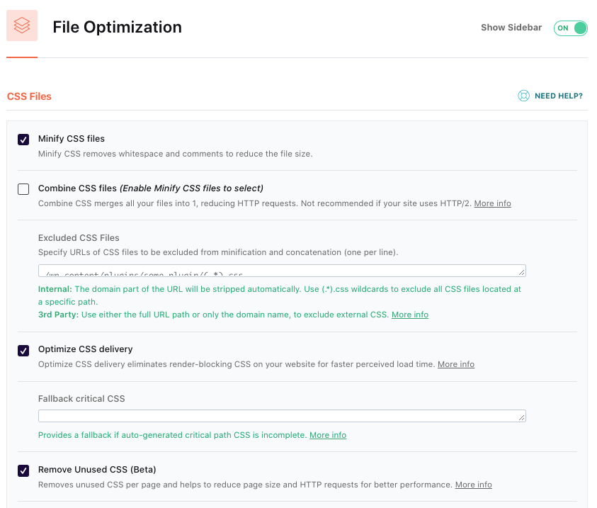 Minify CSS, Optimize CSS delivery and remove unused CSS options - WP Rocket dashboard
