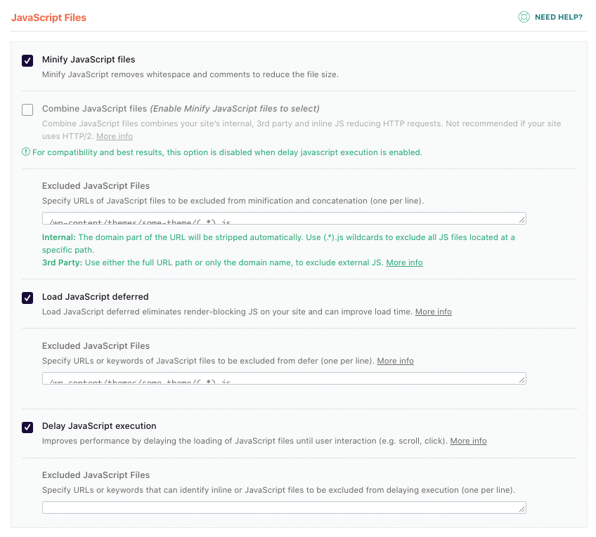 Minify, delay, and load JS deferred options activated by default - Source: WP Rocket dashboard
