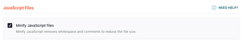 Minify JavaScript files feature – WP Rocket dashboard. 