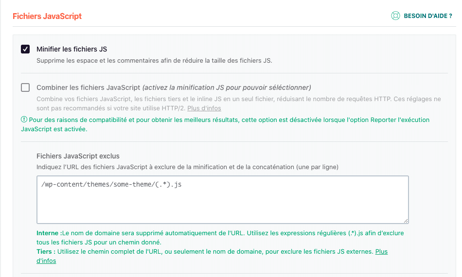 Minimiser les fichiers JS - Tableau de bord de WP Rocket

