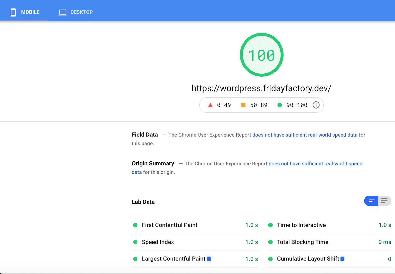 My mobile score is in the green with OceanWP and WP Rocket - Source: PSI