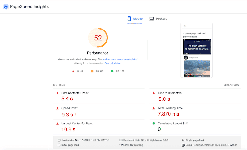 My performance on mobile without WP Rocket - Source: PSI