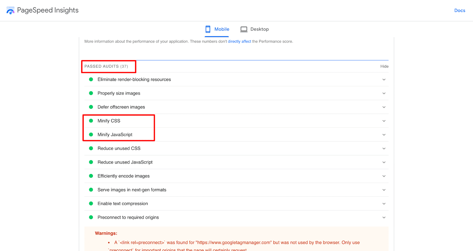 PageSpeed Insights Passed Audit test