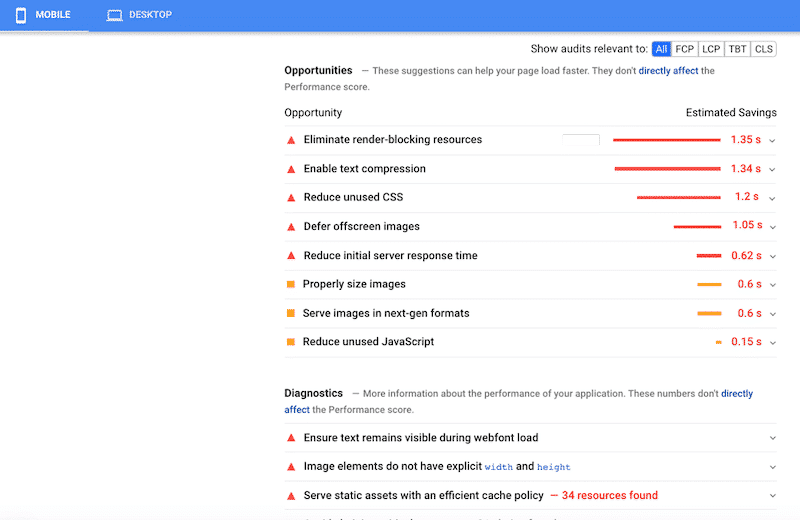 Performance opportunities and diagnostics when using Beaver Builder - Source: PSI
