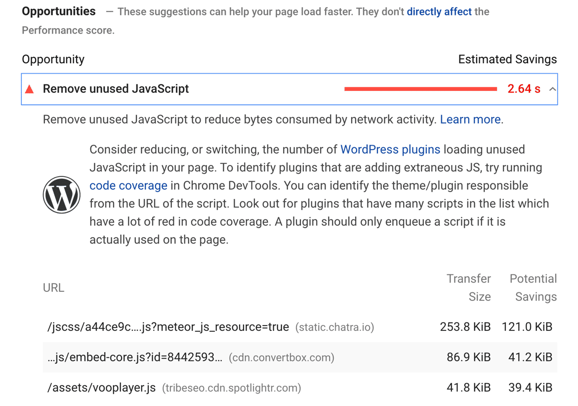Remove unused JavaScript - PageSpeed Insights