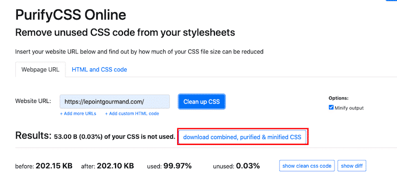 Removing unused CSS manually - Source: PurifyCSS Online 
