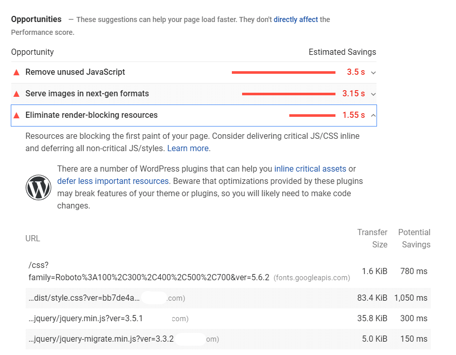 List of render-blocking resources - PSI