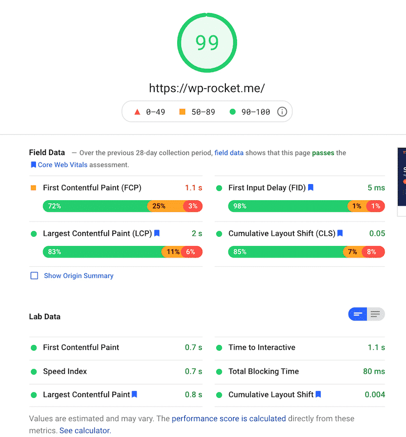 Résultats des Core Web Vitals du site de WP Rocket - Source :  PSI