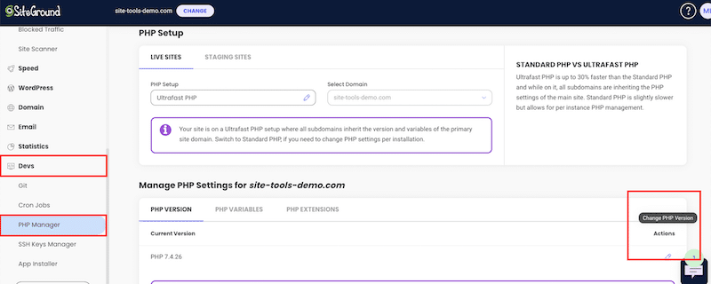 The drop-down menu to update PHP - Source: SiteGround
