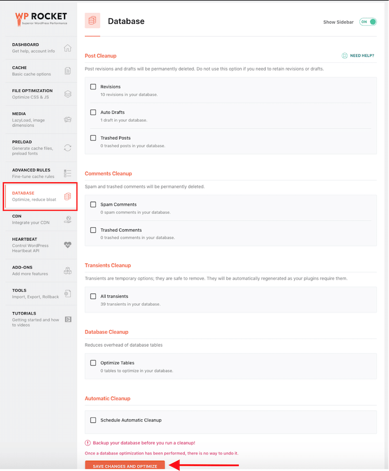 The database optimization tab - Source: WP Rocket
