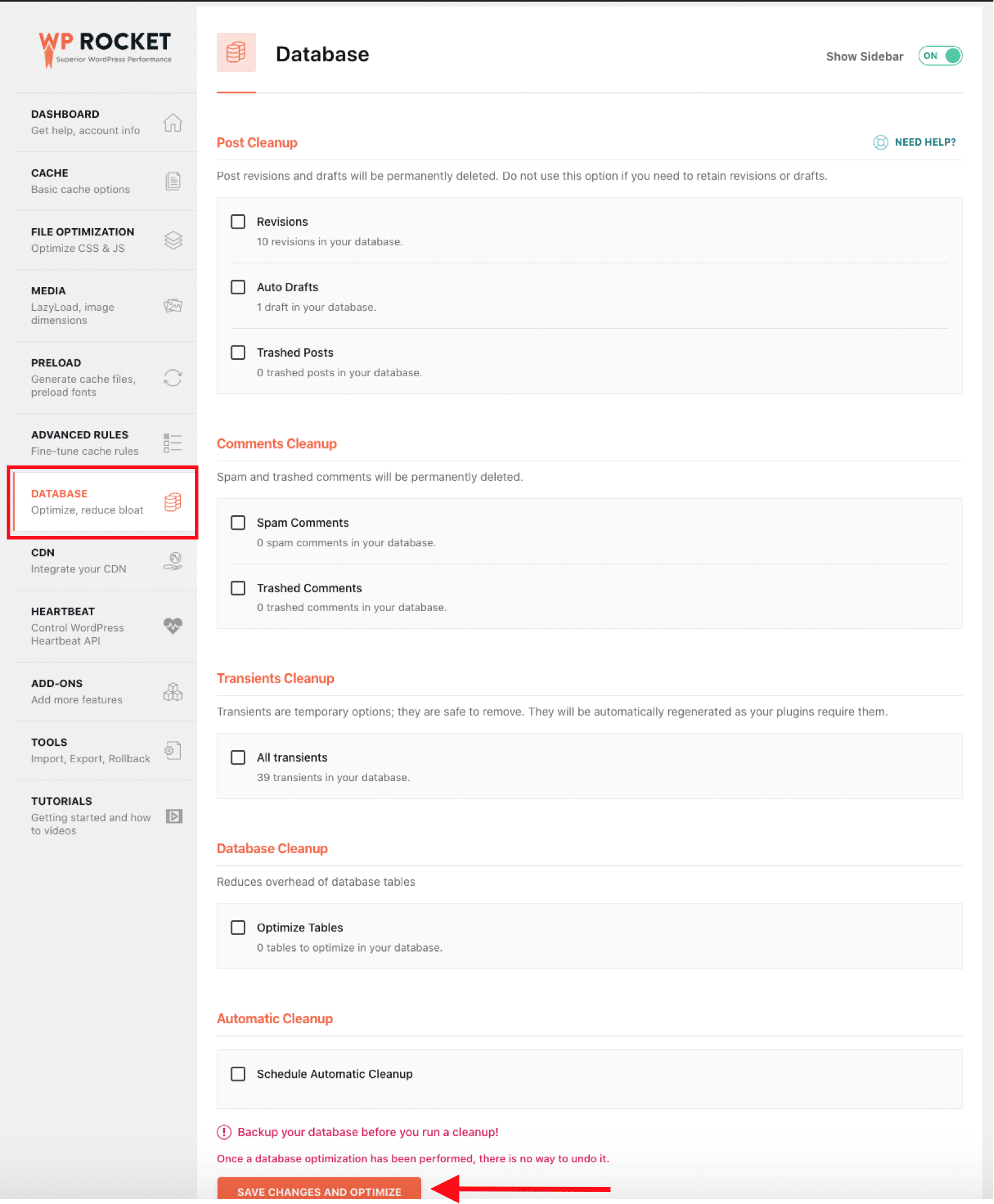 The database optimization tab - Source: WP Rocket
