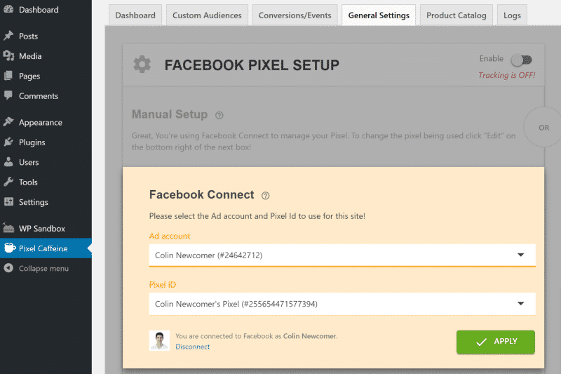 WordPress Pixel Caffeine Facebook Account